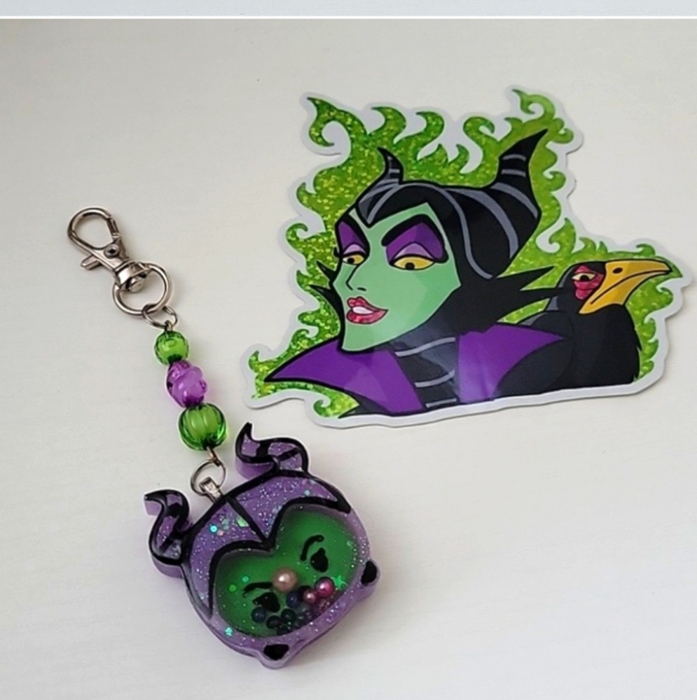 Disney Villain Malifecent Themed Keychain and Large Sticker Set.